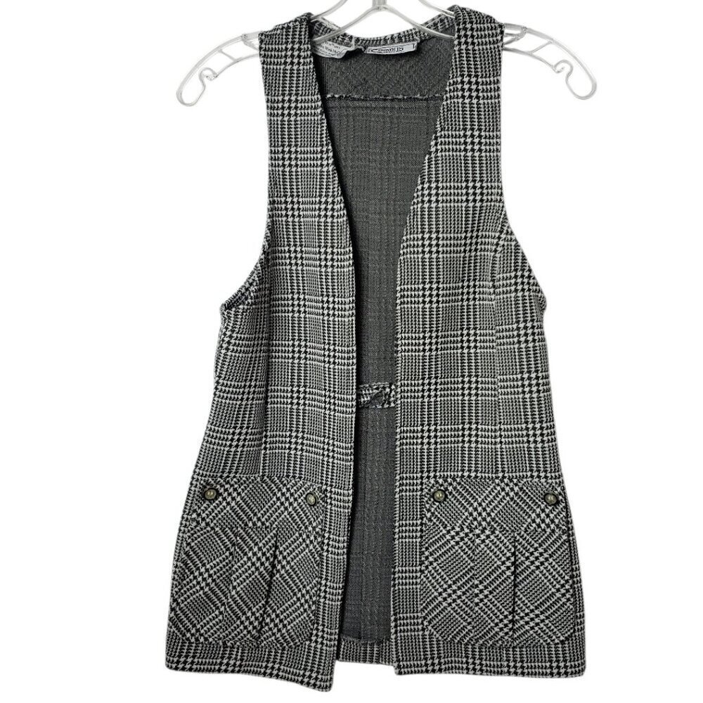 Campus Casuals Vtg Houndstooth Vest With Button Accents & Pockets Blk/wht Small
